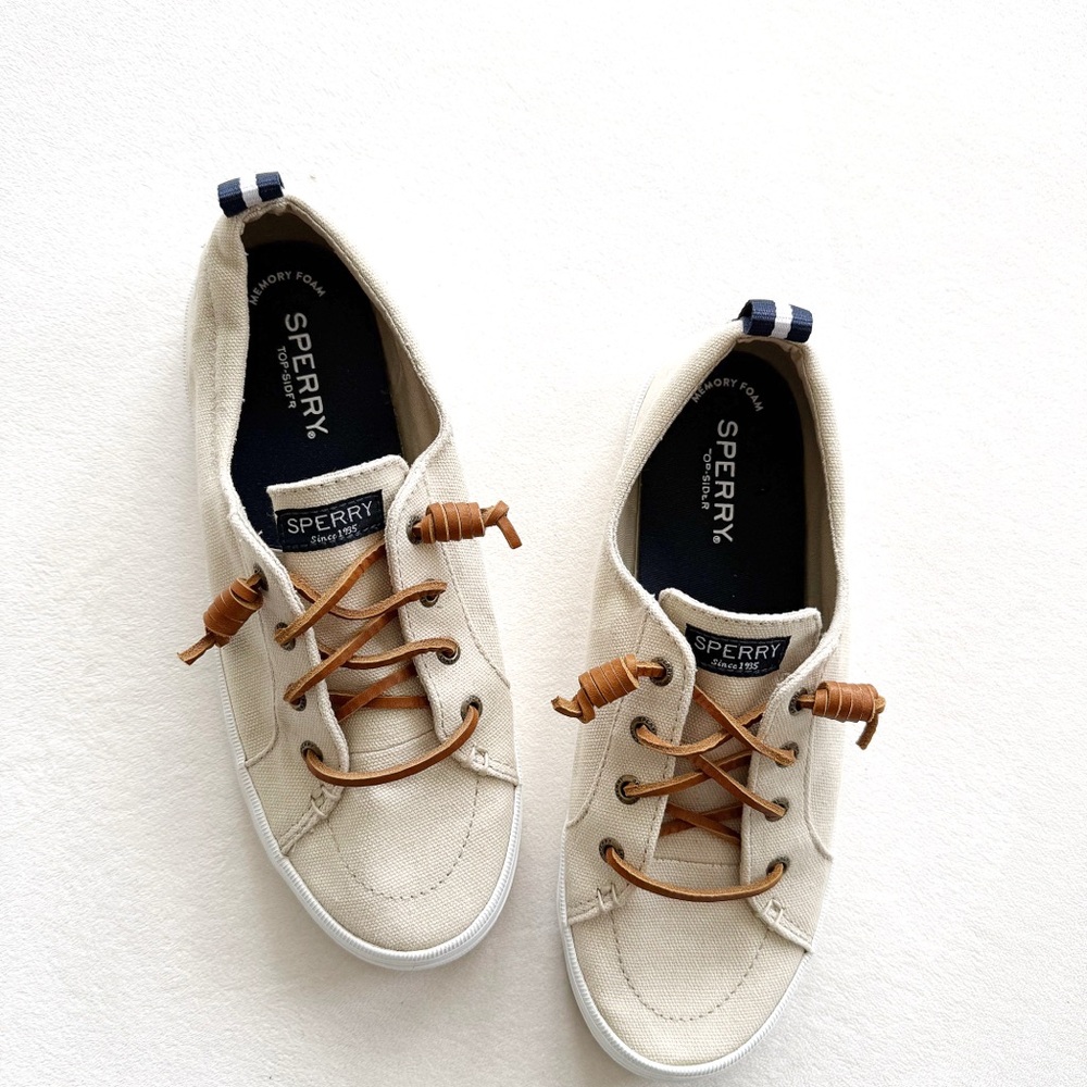 Women’s Sperry Topsider shoes, Crest Vibe linen sneaker in Oat, 7.5w